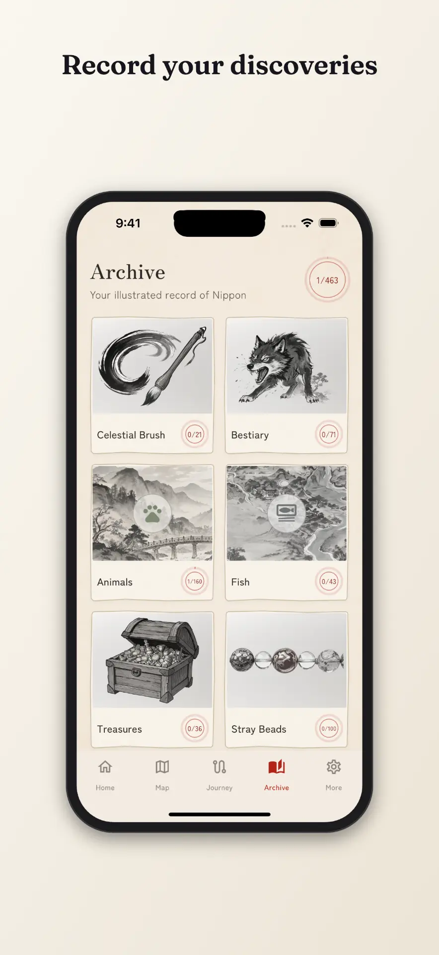 Okami Map app archive screen with collectable categories