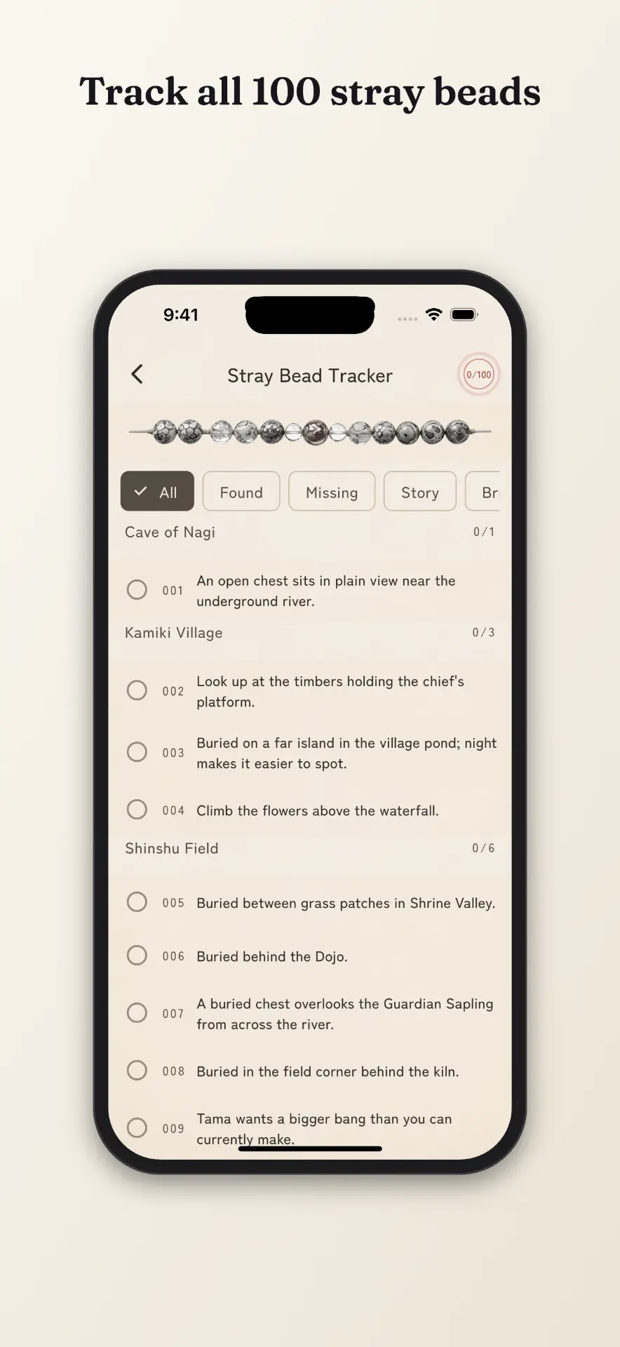 Okami Map app Stray Bead tracker list with hints