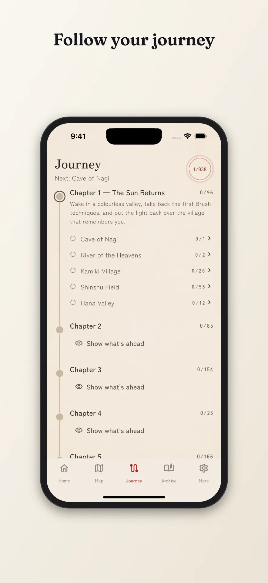 Okami Map app journey screen with chapters and regions