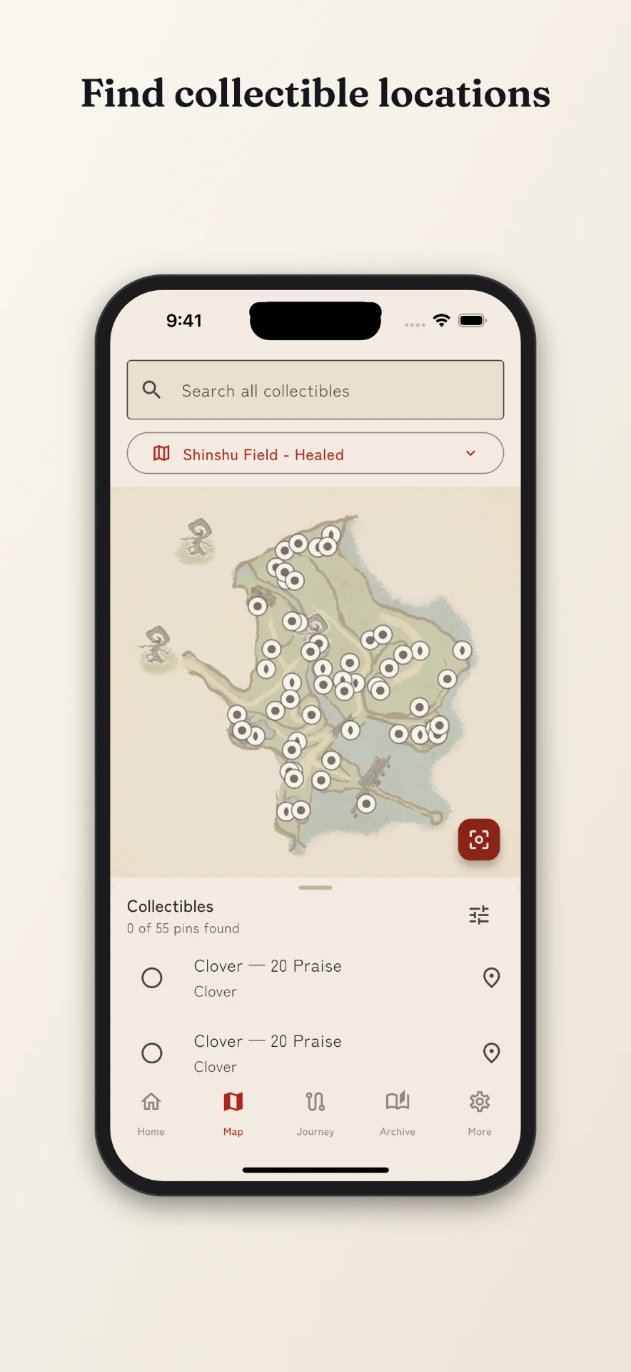 Okami Map app screen showing collectible pins on the Shinshu Field map