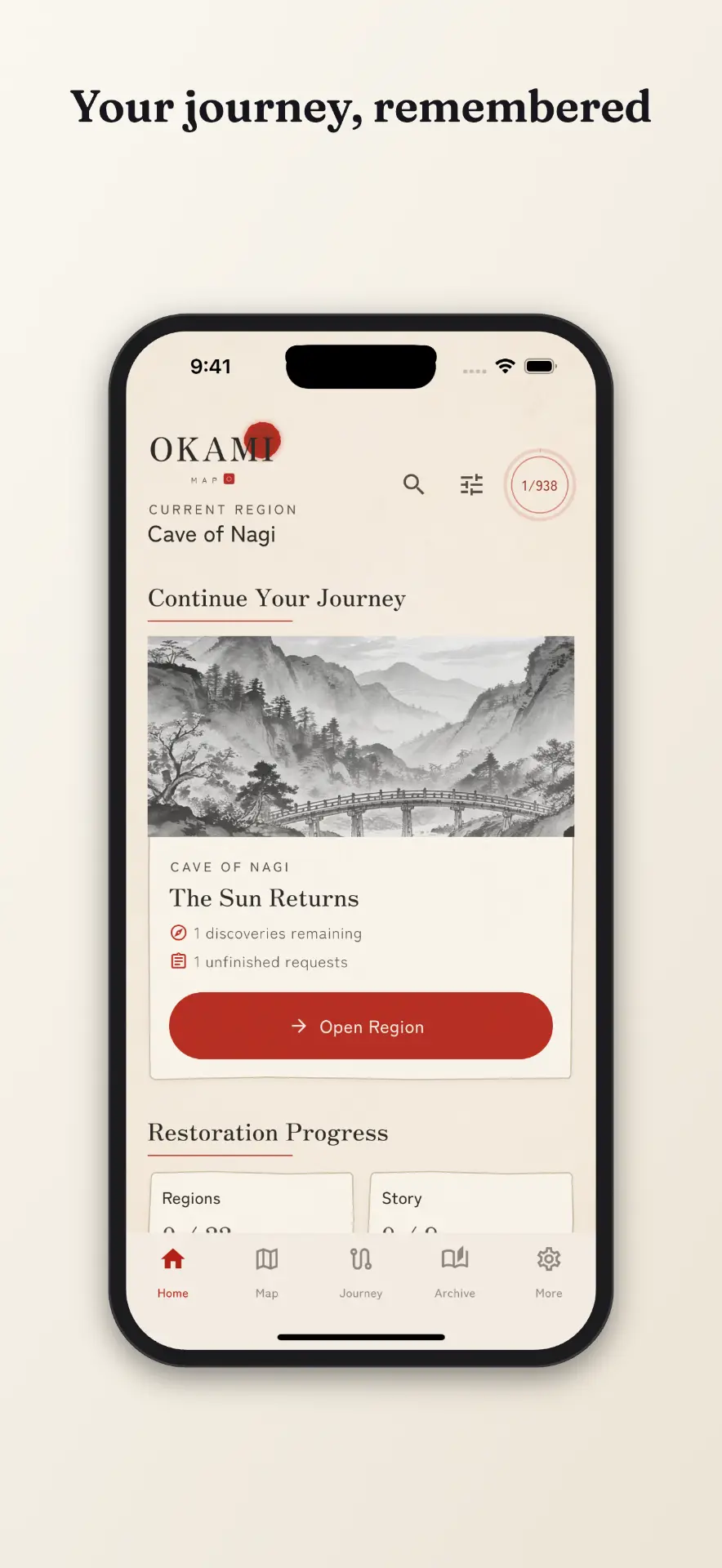 Okami Map app home screen with current region and restoration progress