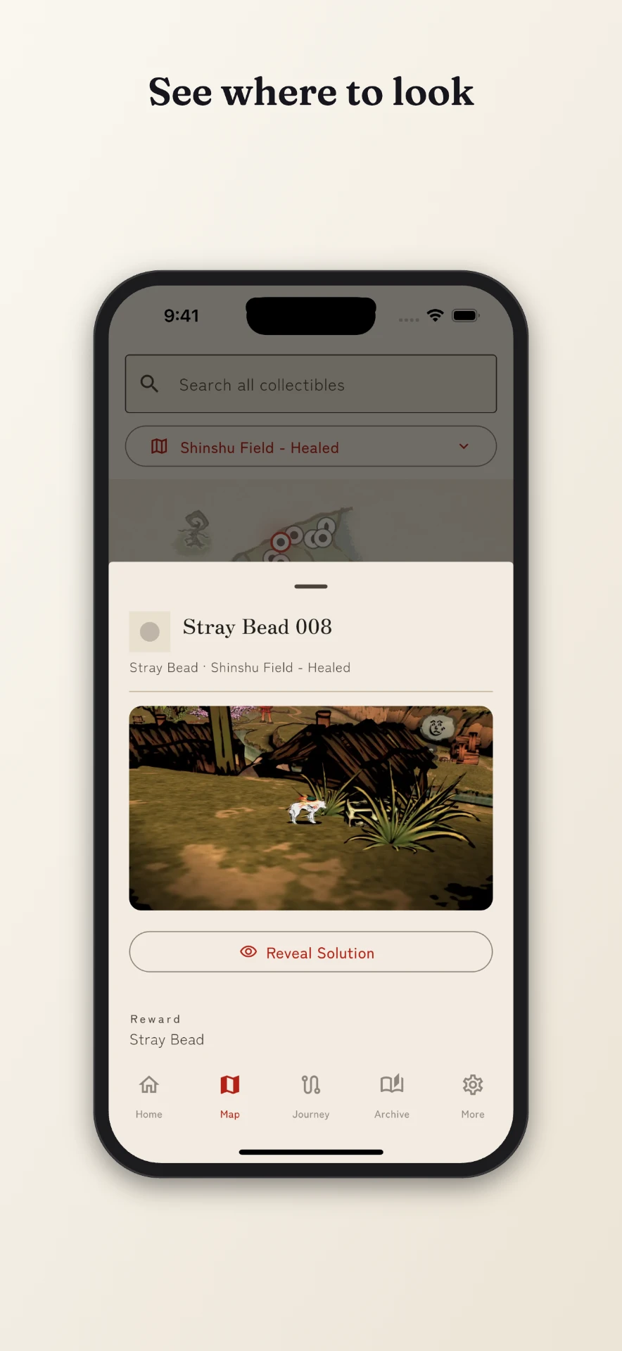 Okami Map app screen showing a Stray Bead detail with in-game screenshot